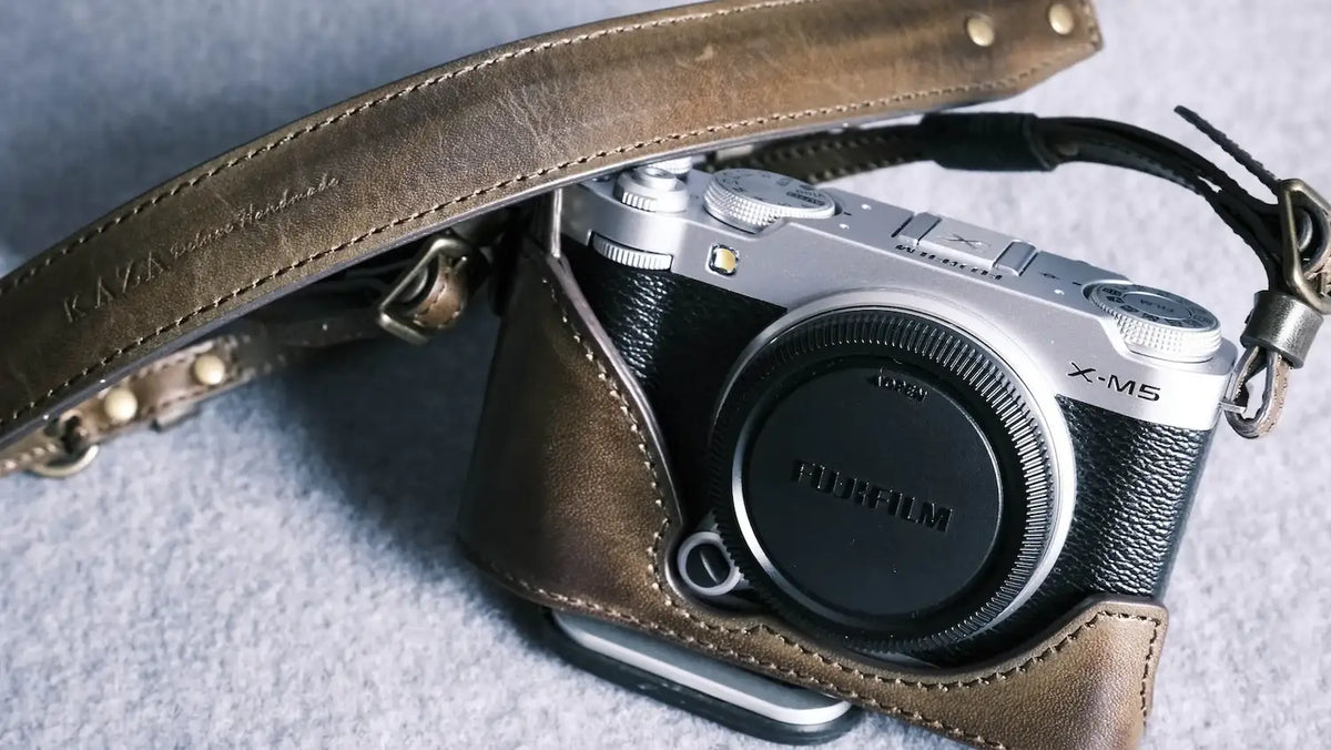 Fujifilm X M5 series Leather Camera Case - kaza-deluxe - Olive - Half Case + Strap