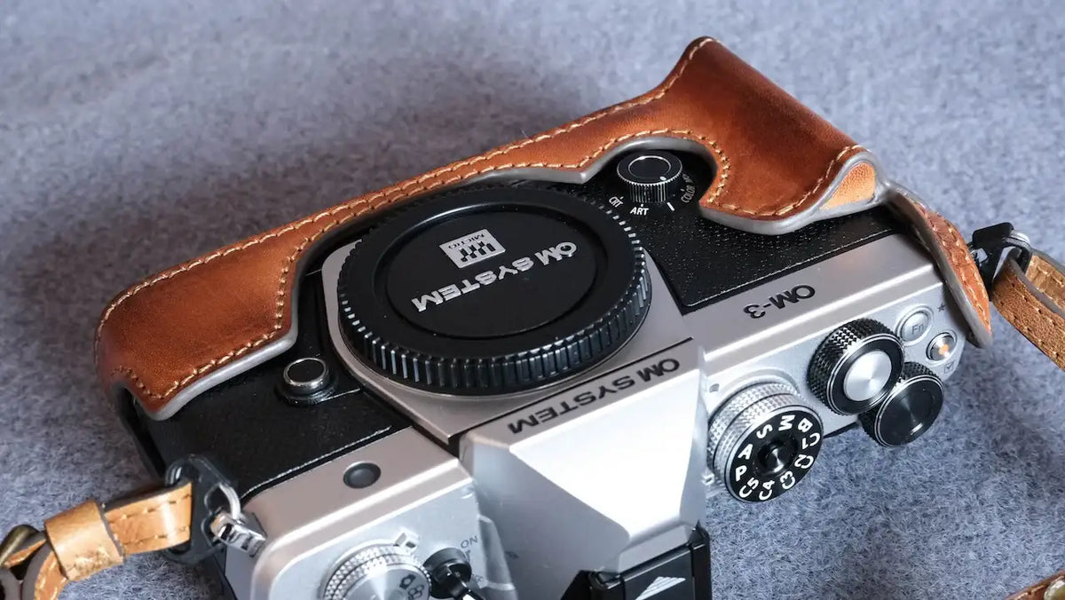 Stylish OM System OM-3 Leather Camera Case: Handcrafted Protection with Elegant Design - kaza-deluxe