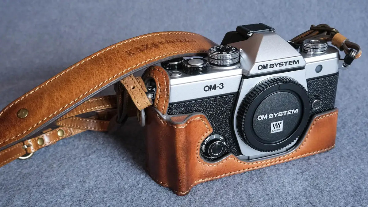 Stylish OM System OM-3 Leather Camera Case: Handcrafted Protection with Elegant Design - kaza-deluxe