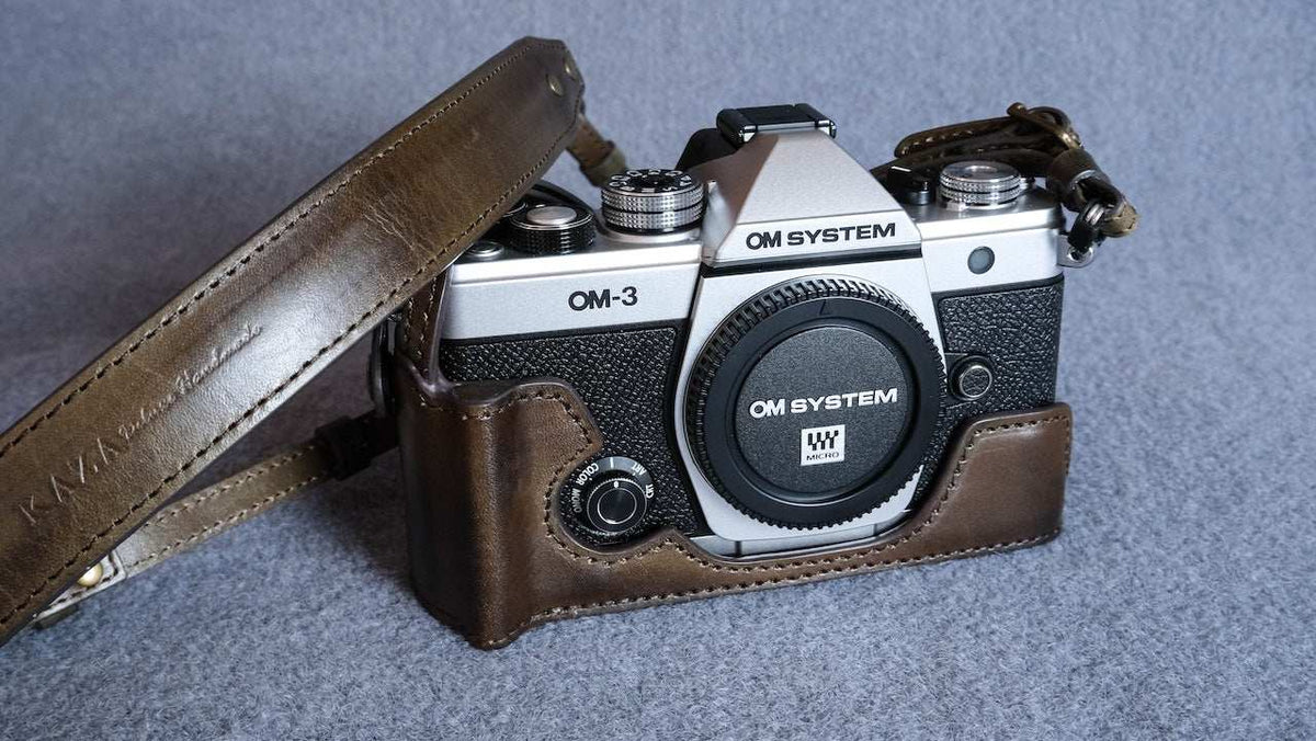 Stylish OM System OM-3 Leather Camera Case: Handcrafted Protection with Elegant Design - kaza-deluxe