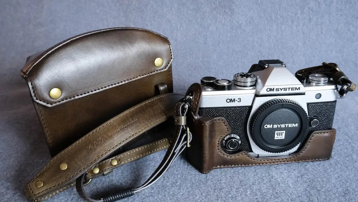 Stylish OM System OM-3 Leather Camera Case: Handcrafted Protection with Elegant Design - kaza-deluxe