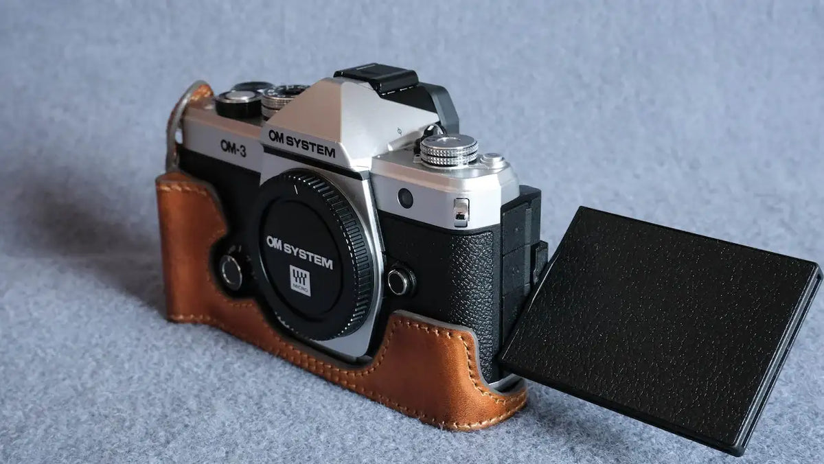 Stylish OM System OM-3 Leather Camera Case: Handcrafted Protection with Elegant Design - kaza-deluxe