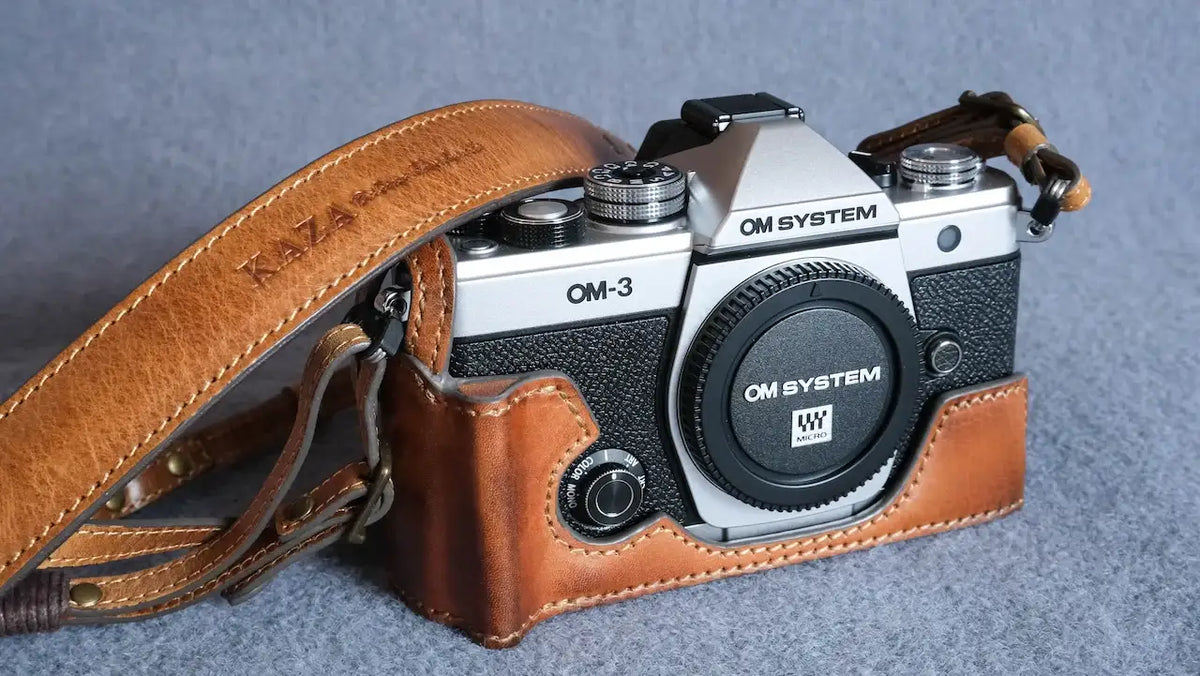 Stylish OM System OM-3 Leather Camera Case: Handcrafted Protection with Elegant Design - kaza-deluxe